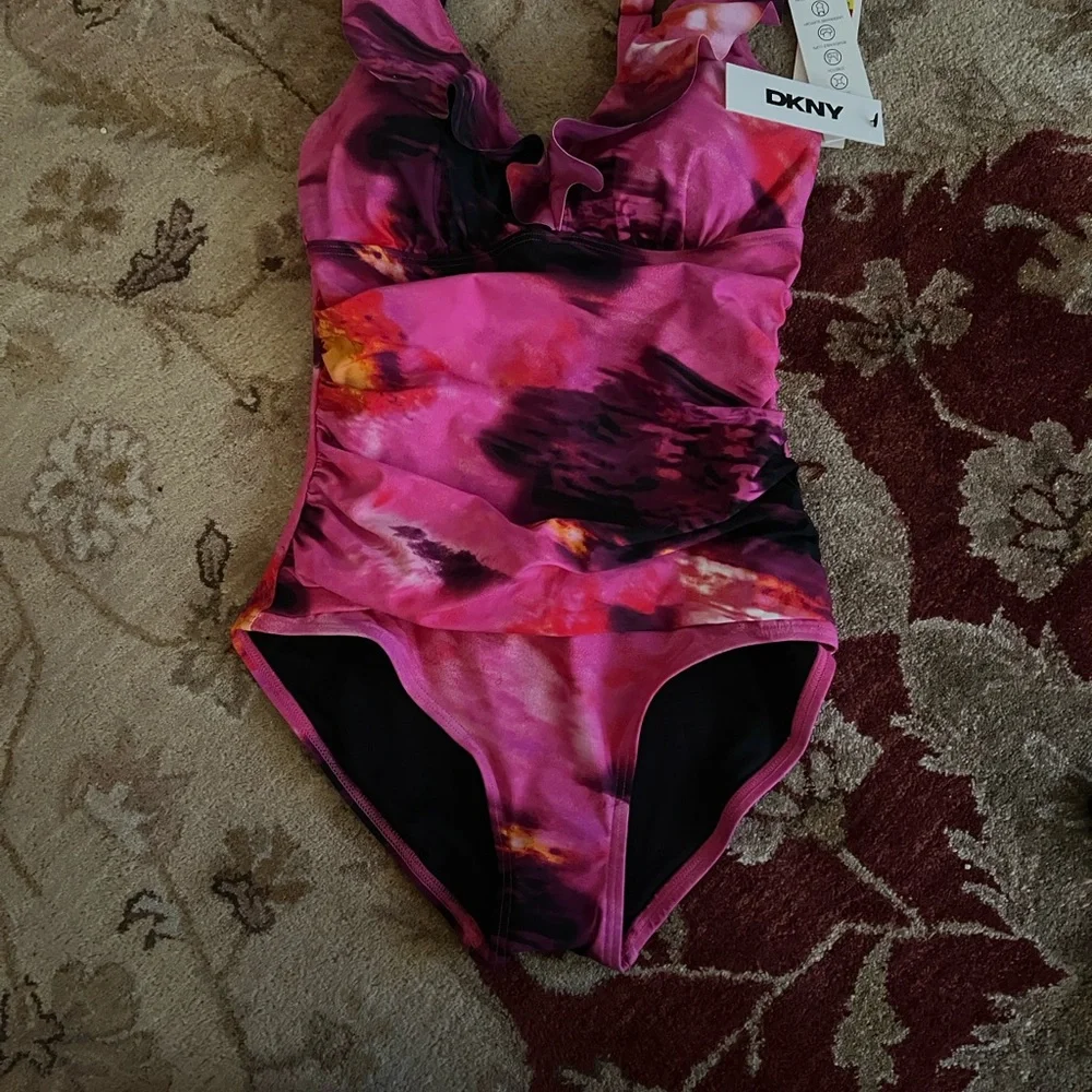 DKNY Vibrant Pink and Black One-Piece Swimsuit - Picture 1 of 7